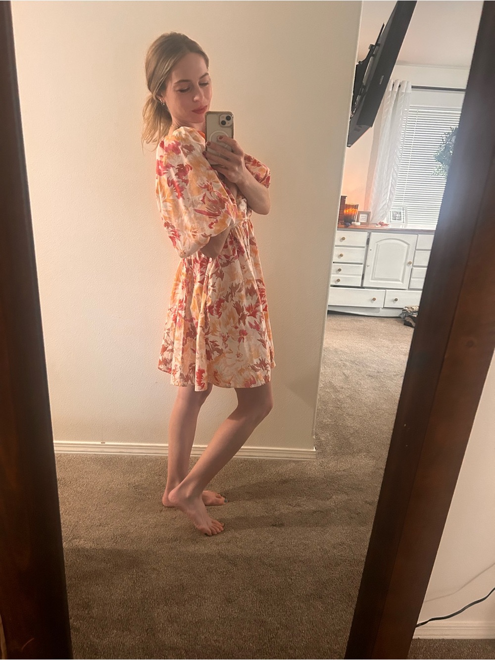 Abercrombie & Fitch Floral Off-Shoulder Mini Dress in Cream, Pink, Orange - Picture 2 of 3